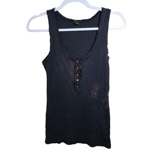 Express Black Ribbed Henley Tank Top Lace Trim L Indie Sleaze‎ Y2K Gothic Grunge